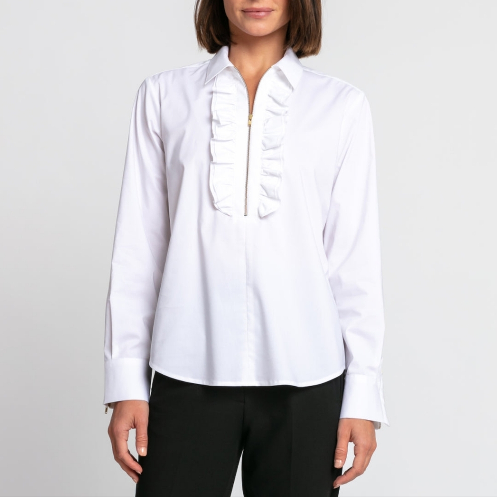 Hinson Wu Madison White Long Sleeve Ruffle Half Zip Top XL